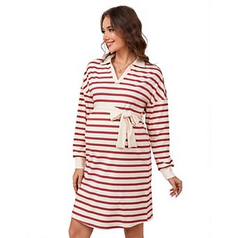 Women's Maternity Long Sleeve Striped Loose Fit V Neck Midi Sweater Dress with Belt