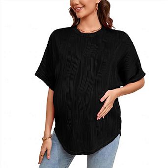 Women’s Maternity Tops Short Sleeve Round Neck T-Shirt Loose Textured Casual Pregnancy Tee Blouse