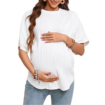 Women’s Maternity Tops Short Sleeve Round Neck T-Shirt Loose Textured Casual Pregnancy Tee Blouse