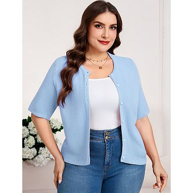 Women’s Round Neck Short Sleeve Button Down Knit Cardigan Tops