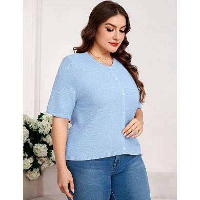 Women’s Round Neck Short Sleeve Button Down Knit Cardigan Tops