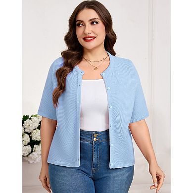 Women’s Round Neck Short Sleeve Button Down Knit Cardigan Tops