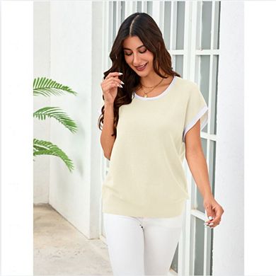 Women’s Contrast Round Neck Short Sleeve Pullover Sweater Casual Loose Waffle Knit Lightweight Top