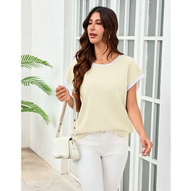 Women’s Contrast Round Neck Short Sleeve Pullover Sweater Casual Loose Waffle Knit Lightweight Top