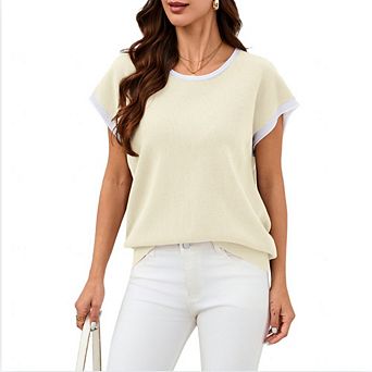 Women’s Contrast Round Neck Short Sleeve Pullover Sweater Casual Loose Waffle Knit Lightweight Top