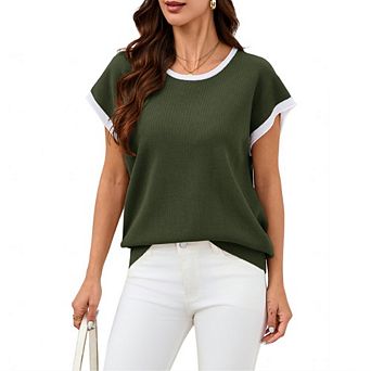 Women’s Contrast Round Neck Short Sleeve Pullover Sweater Casual Loose Waffle Knit Lightweight Top