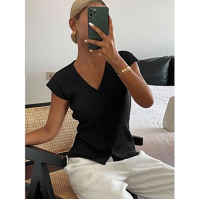 Women’s V Neck Button Down Short Sleeve Knit Tank Top Soft Ribbed Slim Fit Casual Blouse