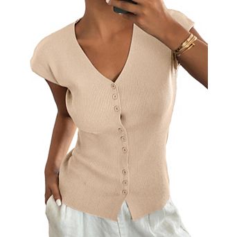 Women’s V Neck Button Down Short Sleeve Knit Tank Top Soft Ribbed Slim Fit Casual Blouse