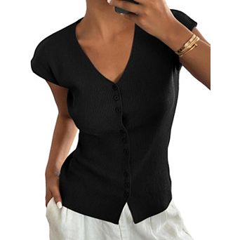 Women’s V Neck Button Down Short Sleeve Knit Tank Top Soft Ribbed Slim Fit Casual Blouse