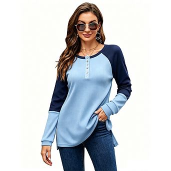 Women's Waffle Knit Raglan Sleeve Color Block Henley Long Sleeve Top