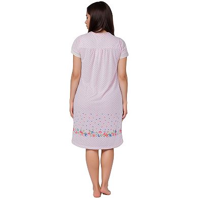 Women’s Polka Dot Floral Border Short Sleeve Cotton Blend Nightgown