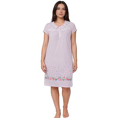 Women’s Polka Dot Floral Border Short Sleeve Cotton Blend Nightgown
