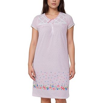 Women’s Polka Dot Floral Border Short Sleeve Cotton Blend Nightgown