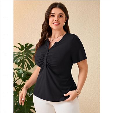 Women’s Plus Size Half Button V Neck Short Sleeve Top Ruched Ribbed Soft Casual Blouse
