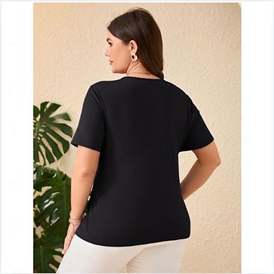 Women’s Plus Size Half Button V Neck Short Sleeve Top Ruched Ribbed Soft Casual Blouse