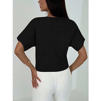 Women’s V Neck Button Down Short Sleeve Knit Cardigan Cropped Sweater with Gold Buttons