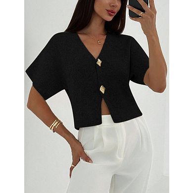 Women’s V Neck Button Down Short Sleeve Knit Cardigan Cropped Sweater with Gold Buttons