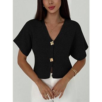 Women’s V Neck Button Down Short Sleeve Knit Cardigan Cropped Sweater with Gold Buttons