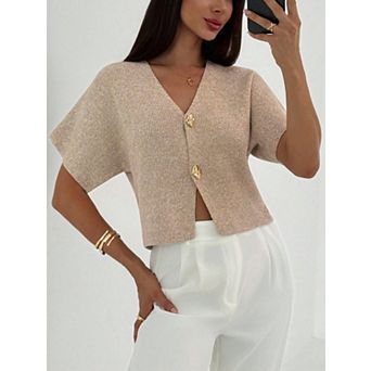 Women’s V Neck Button Down Short Sleeve Knit Cardigan Cropped Sweater with Gold Buttons