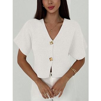 Women’s V Neck Button Down Short Sleeve Knit Cardigan Cropped Sweater with Gold Buttons