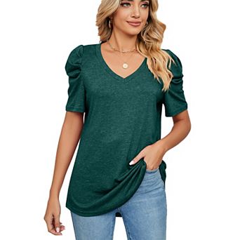 Women’s Summer V Neck Puff Short Sleeve Tops Solid Ruched Loose Casual Soft Stretchy Tee Shirt