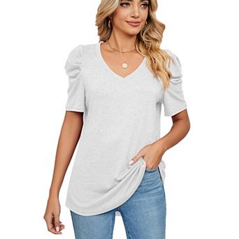 Women’s Summer V Neck Puff Short Sleeve Tops Solid Ruched Loose Casual Soft Stretchy Tee Shirt