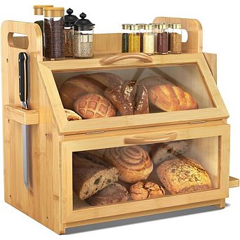 Double-Layer 100% Bamboo Bread Box with Window & Tool Holder, Large Capacity for Family