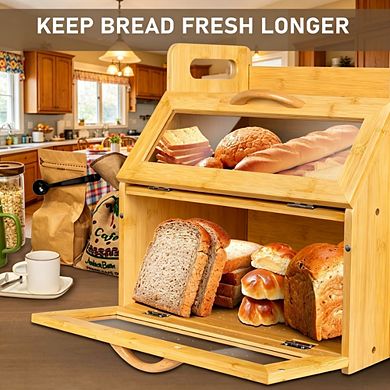 Double-Layer 100% Bamboo Bread Box with Window & Tool Holder, Large Capacity for Family