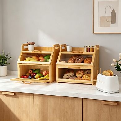 Double-Layer 100% Bamboo Bread Box with Window & Tool Holder, Large Capacity for Family