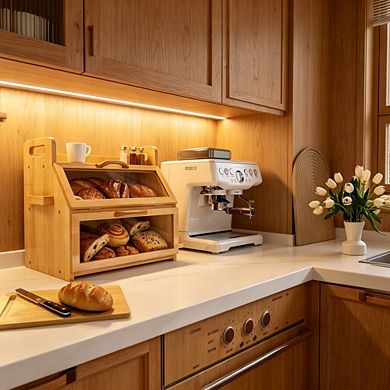 Double-Layer 100% Bamboo Bread Box with Window & Tool Holder, Large Capacity for Family
