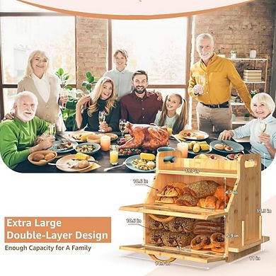 Double-Layer 100% Bamboo Bread Box with Window & Tool Holder, Large Capacity for Family