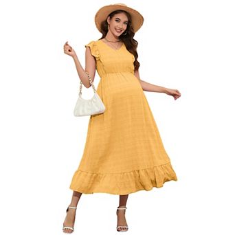 Women's Maternity V Neck Ruffle Sleeve Dress Elastic Waist A-Line Flowy Casual Dress