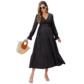 Women's Long Sleeve Maternity Wrap V Neck Maxi Dress Tiered Ruffle Hem A-Line Casual Dress