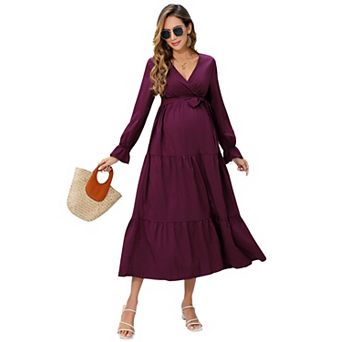 Women's Maternity Wrap V Neck Maxi Dress Long Sleeve Tiered Ruffle Hem A-Line Casual Dress