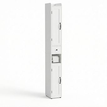 Slim White MDF Freestanding Bathroom Storage Cabinet With Drawer And Adjustable Shelves