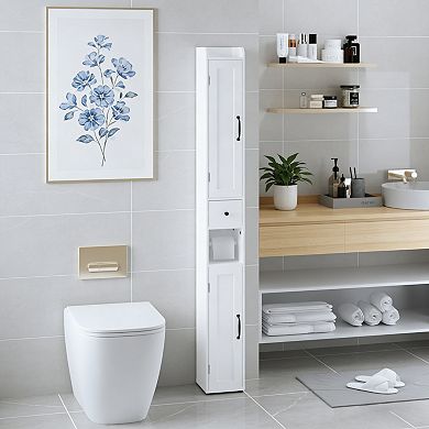 Slim White MDF Freestanding Bathroom Storage Cabinet With Drawer And Adjustable Shelves