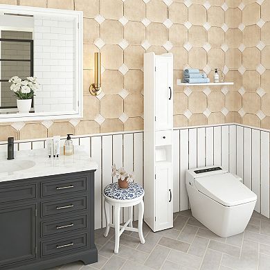 Slim White MDF Freestanding Bathroom Storage Cabinet With Drawer And Adjustable Shelves