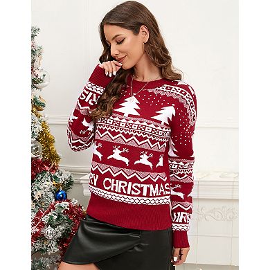 Women's Christmas Sweater Long Sleeve Crewneck Festive Holiday Pullover