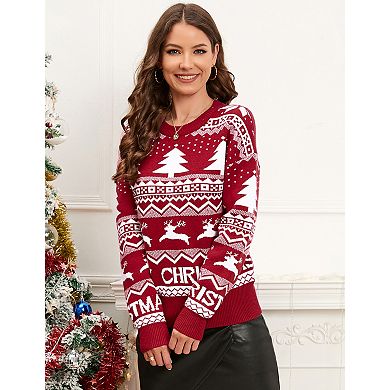 Women's Christmas Sweater Long Sleeve Crewneck Festive Holiday Pullover