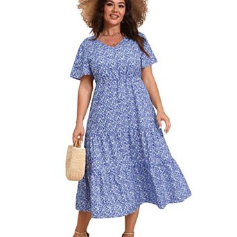 Plus Size Dress for Women Casual V Neck Floral Print Summer Beach Dress