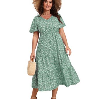 Plus Size Dress for Women Casual V Neck Floral Print Summer Beach Dress