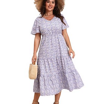 Plus Size Dress for Women Casual V Neck Floral Print Summer Beach Dress