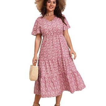 Plus Size Dress for Women Casual V Neck Floral Print Summer Beach Dress
