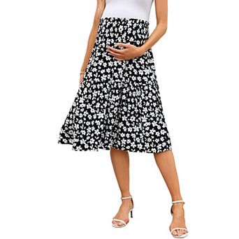 Maternity Skirt Floral Printed High Waist Smocked Tiered Midi Skirt Pregnancy Skirts