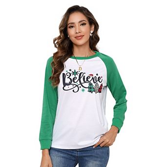 Women Christmas Shirt Cute Long Sleeve T-Shirt Round Neck Tops