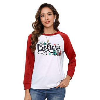 Women Christmas Shirt Cute Long Sleeve T-Shirt Round Neck Tops