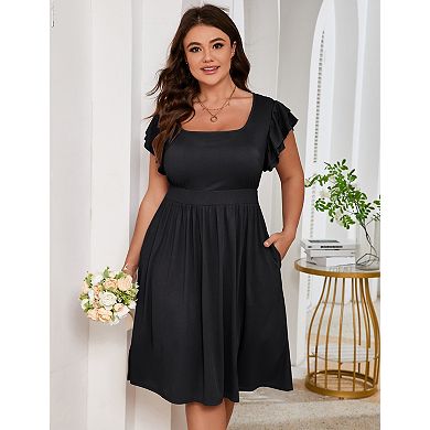 Women Plus Size Dresses Square Neck Flutter Short Sleeve Dress with Pockets