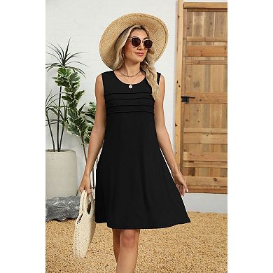 Women's Crew Neck Sleeveless Loose Midi Dress with Side Pockets