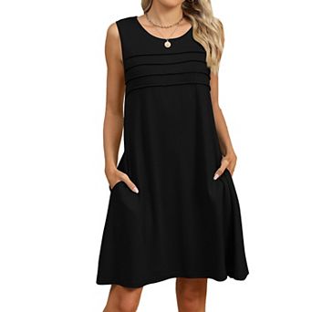 Women's Crew Neck Sleeveless Loose Midi Dress with Side Pockets