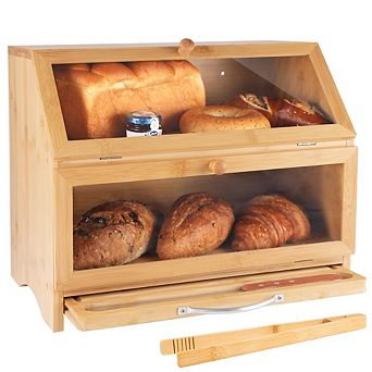 Double Layer 100% Bamboo Bread Box with Cutting Board & Stainless Steel Bread Knife